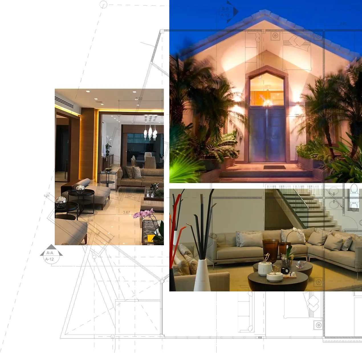 Composición de interiores del estudio sobre el plano técnico: salón, entrada entre palmeras y sala de estar